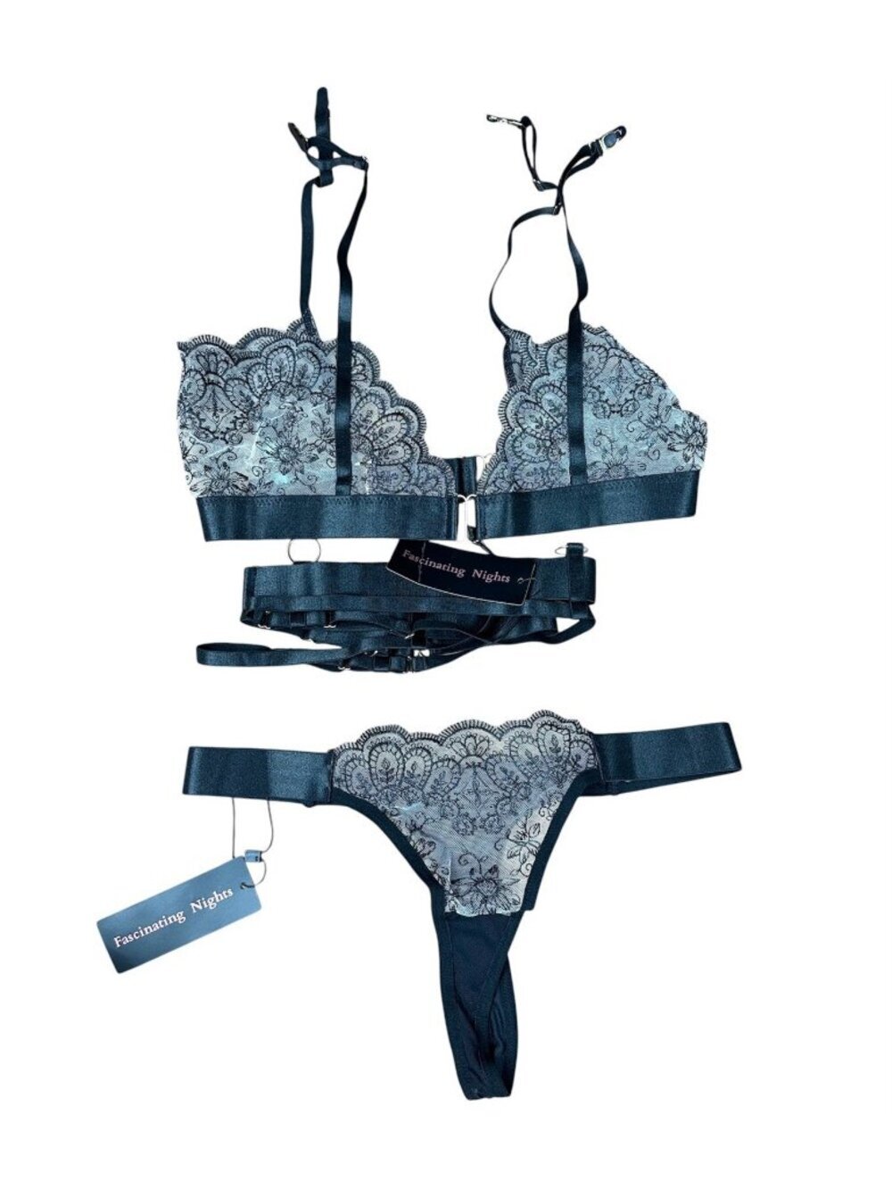 Fascinating Nights Sidonie Black Lace Bralette Garter Belt Thong Lingerie Set M